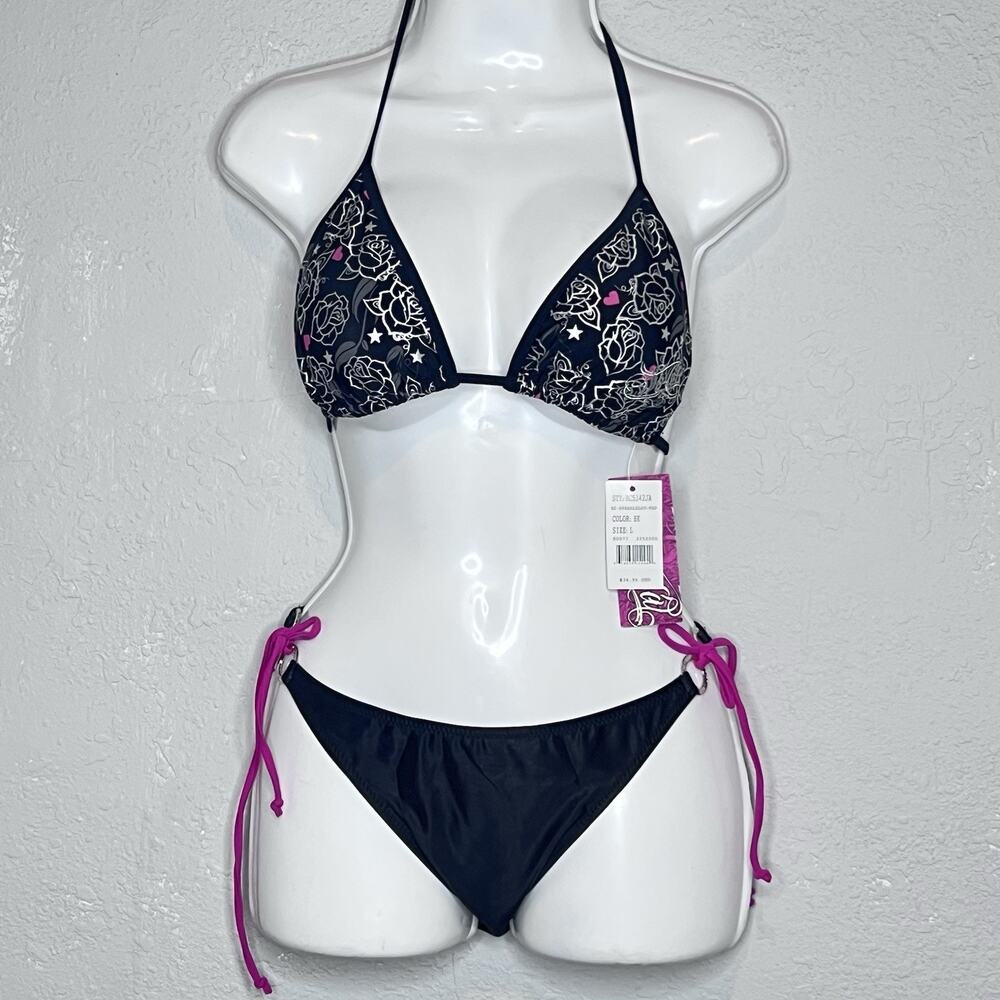 Y2K Floral Rare 2000s Socal Bikini 2 Piece Black & Pink Adjustable Size L NWT